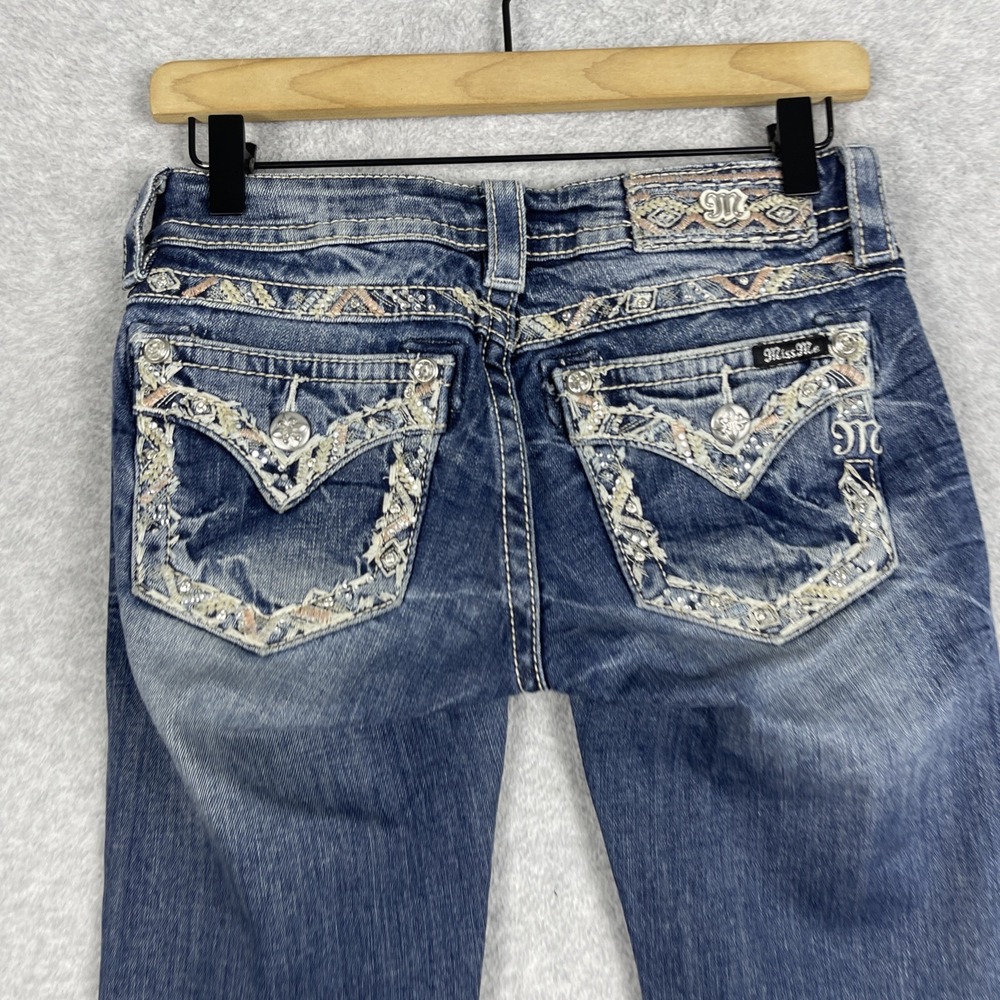 Miss Me Embellished Cropped Straight Leg Jeans Womens 25 Medium Wash Rhinestone - Picture 9 of 15